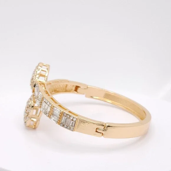 Gold Plated Double Heart Hinged Cuff Bracelet Women's CZ Bangle Romantic Jewelry - Picture 13 of 17